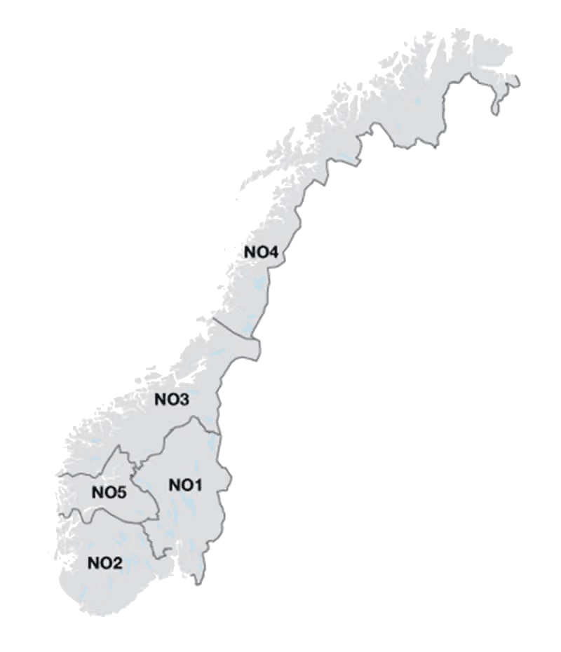 Kart over Norges strømregioner